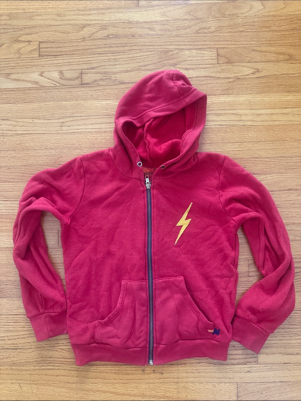 Aviator Nation Red Kids Zip Hoodie with Yellow Lightning Bolt front and back
